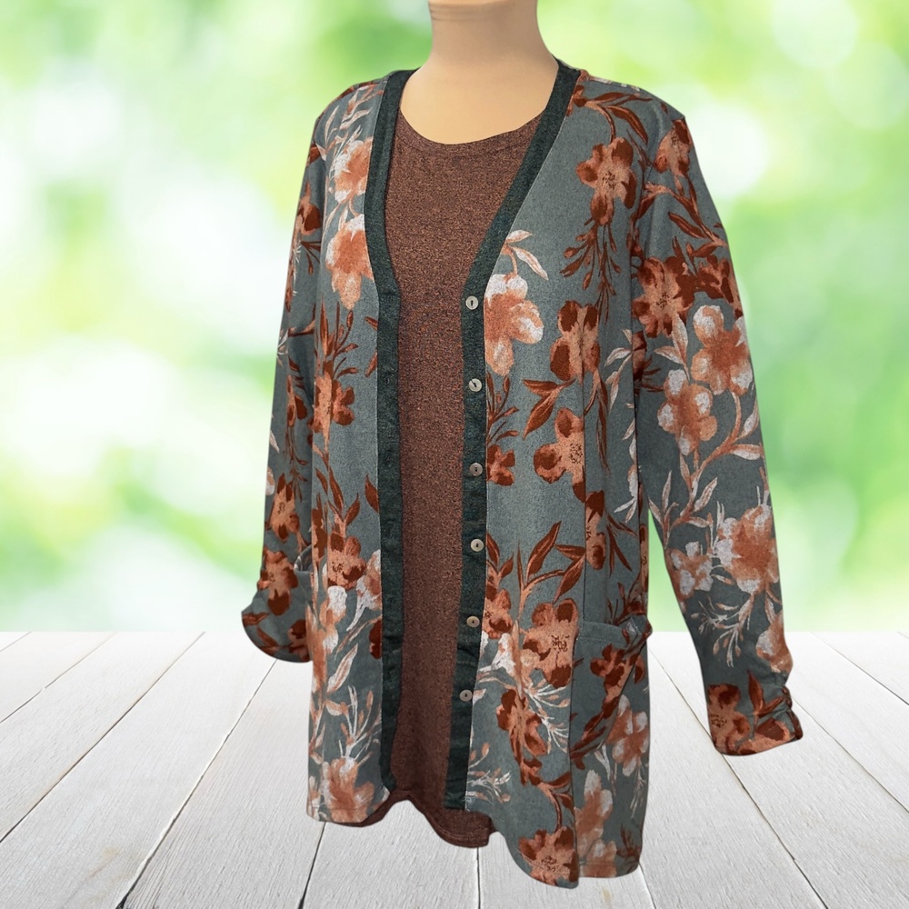 New LOGO LORI GOLDSTEIN Twin Set Cardigan + Tunic Floral Boho Brown Teal Size L